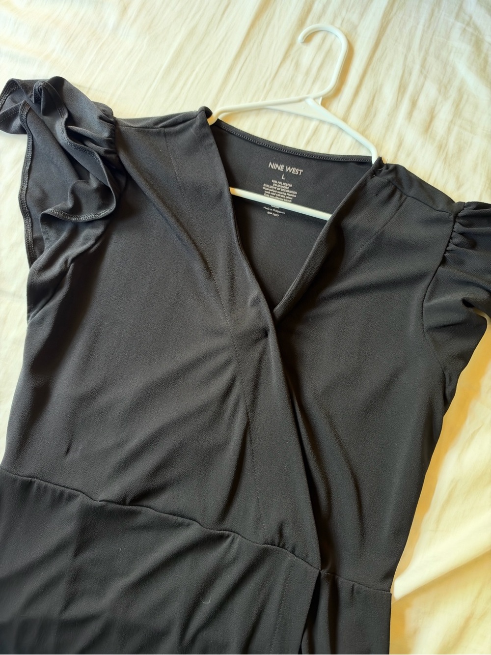 Nine West Black V-Neck Ruffle Sleeve Dress